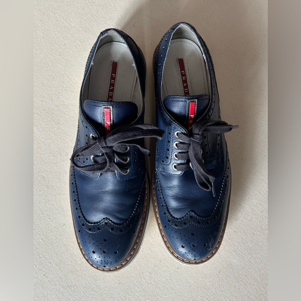 Prada Navy Blue Leather Wingtip Brogue Platform Sneakers 3E5400 Sz: 39.5 - Picture 8 of 11